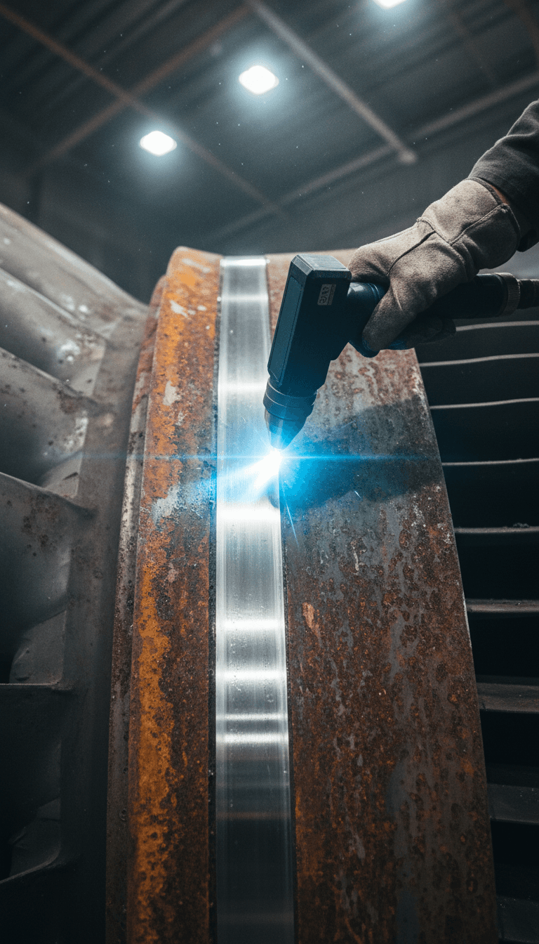Laser cleaning rust from a metal turbine component