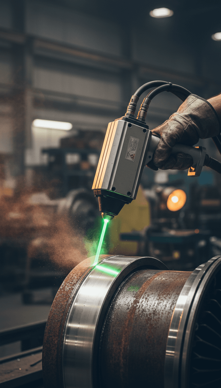 Technician using laser scanner to clean corrosion off a steel turbine component in a workshop