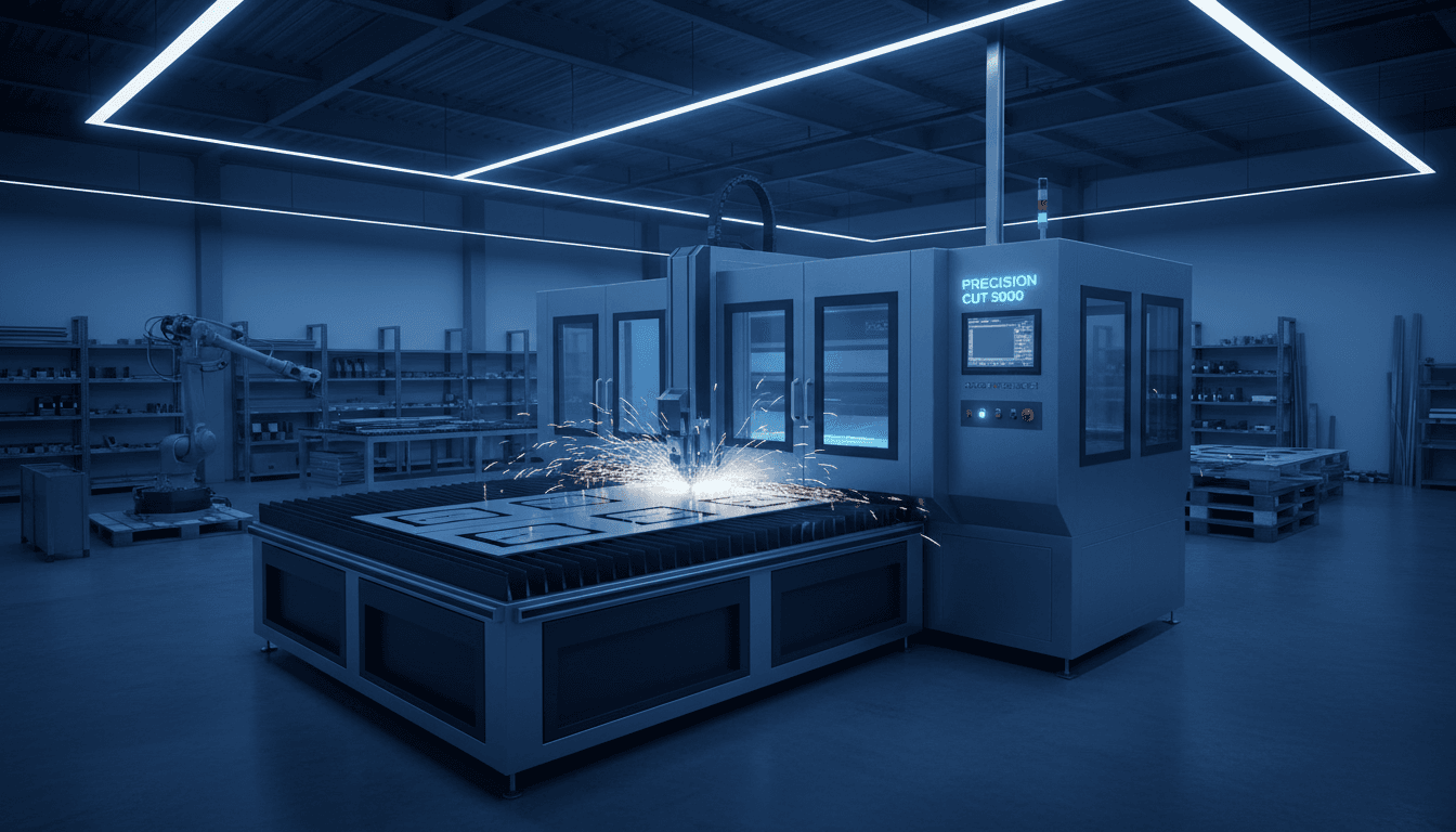 Industrial laser cutting machine in a clean workshop with blue light and metal parts