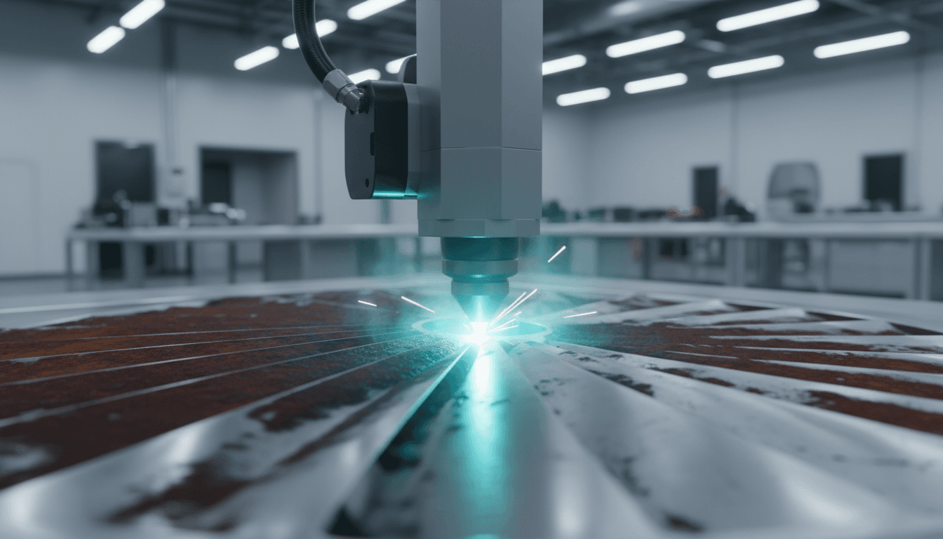 Turbine blade being precisely cleaned by a laser beam in an industrial setting