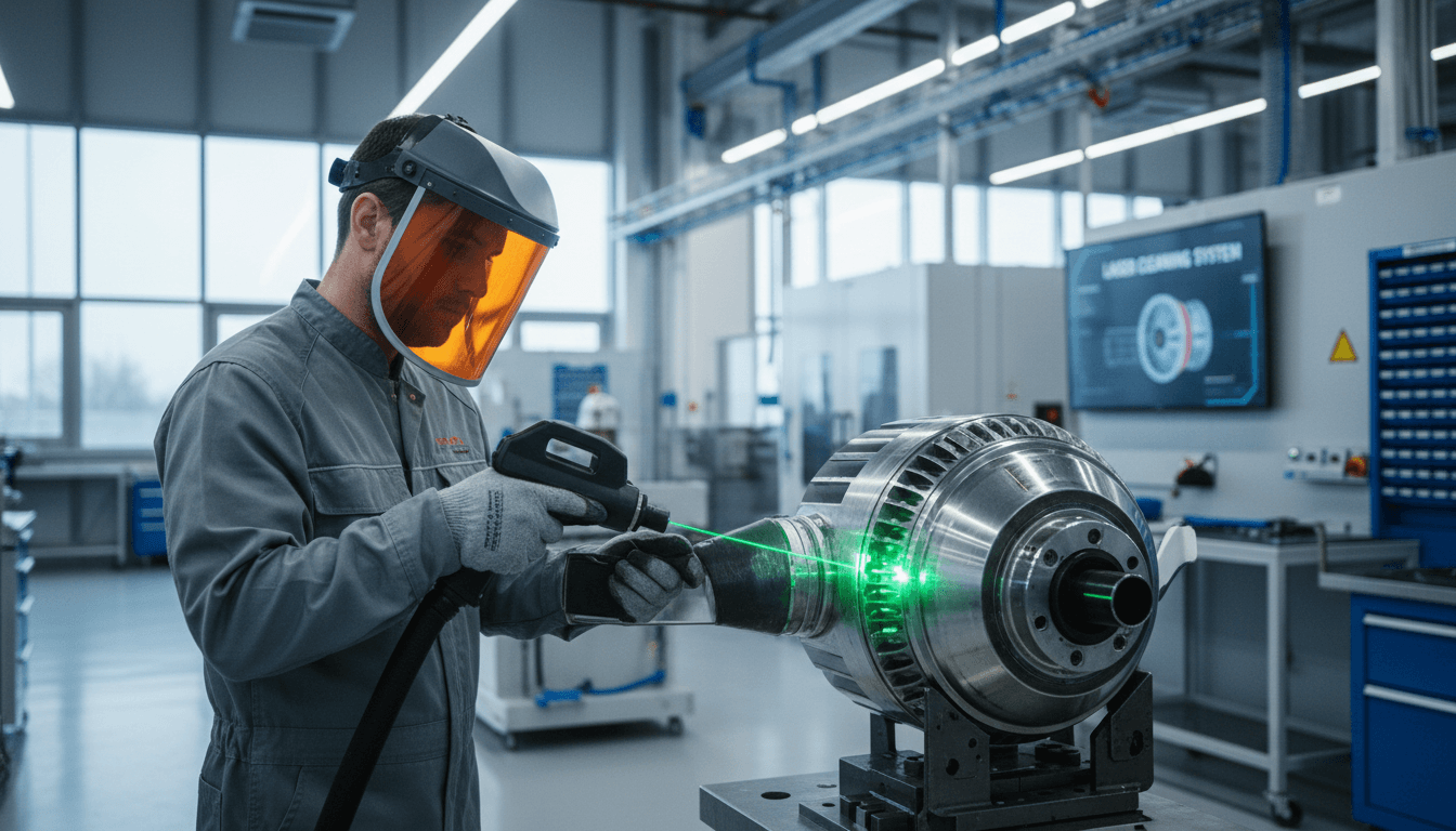 Technician using laser to clean turbine blade in bright industrial facility