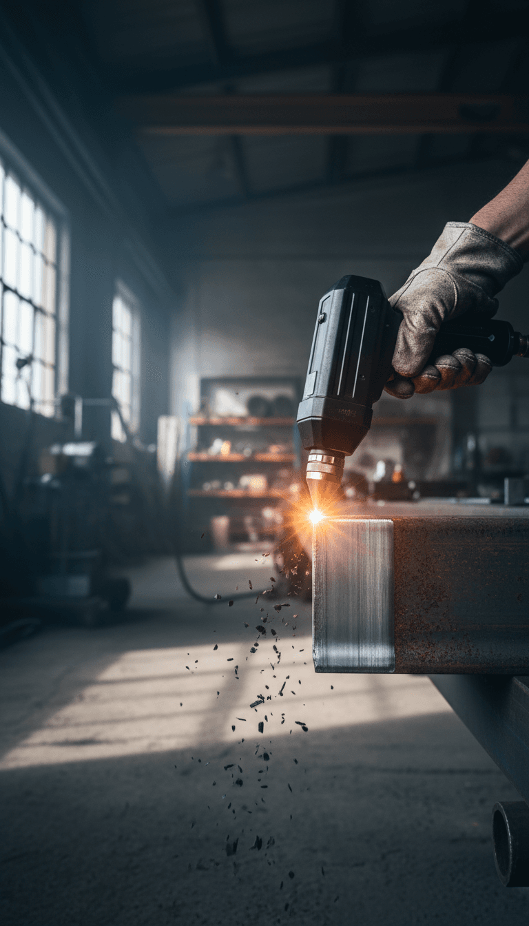 Close-up of laser cleaning a steel surface