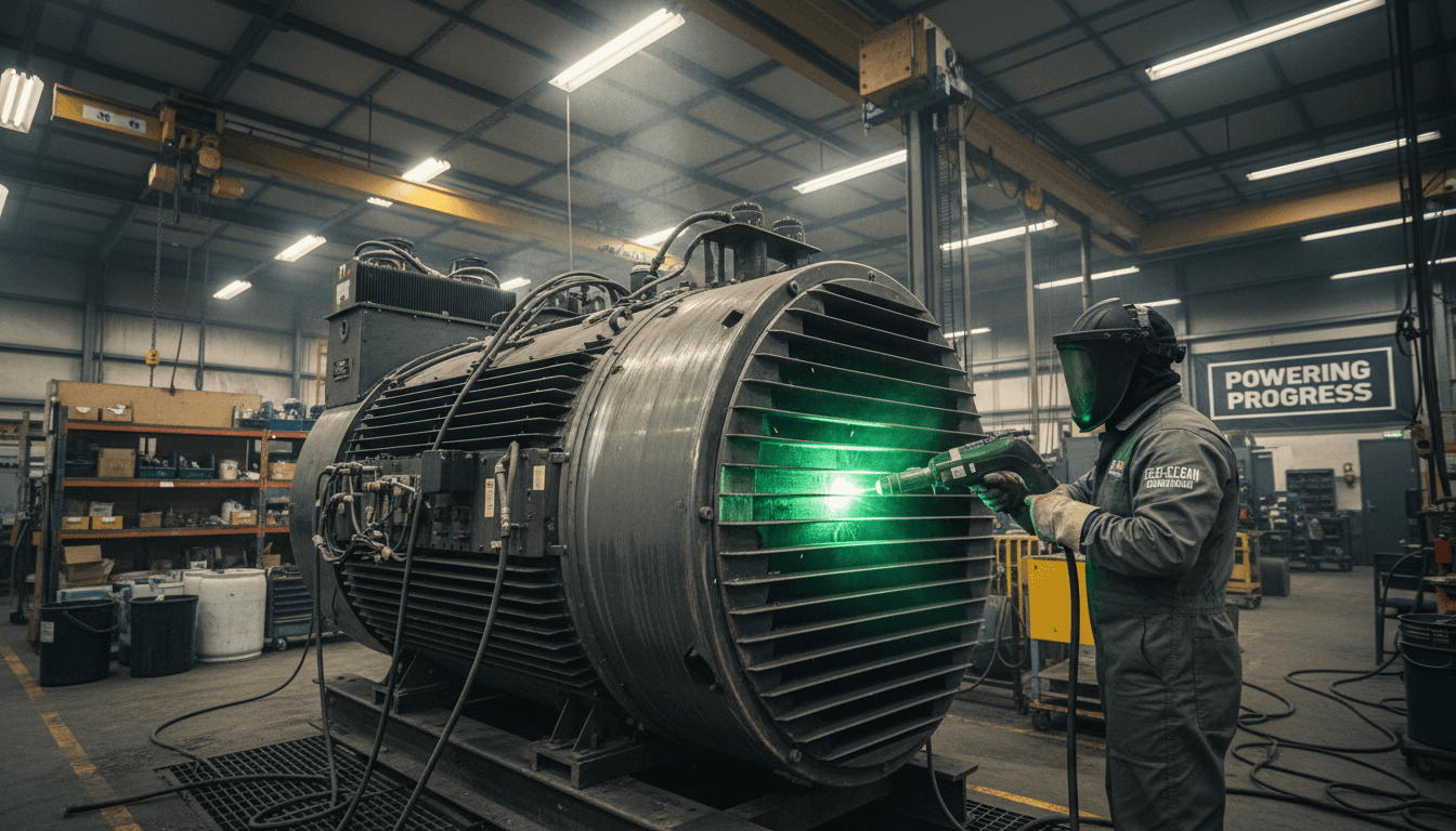 Technician laser cleaning generator housing