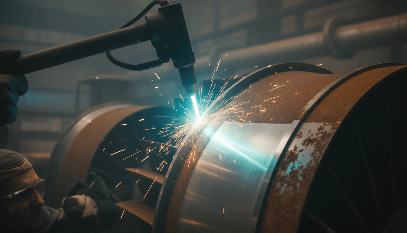 Laser beam removing rust from turbine blade