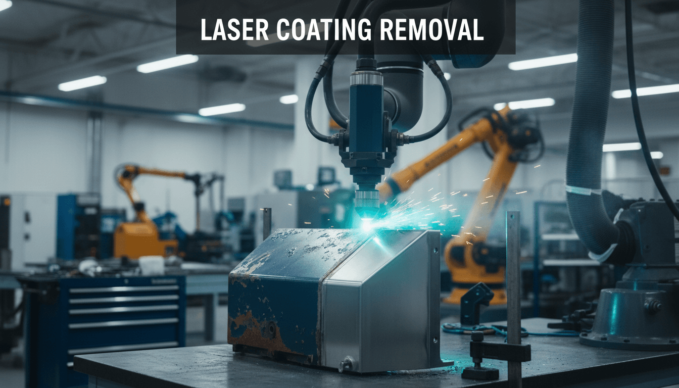 Laser beam precisely removing paint from metal part in an industrial setting