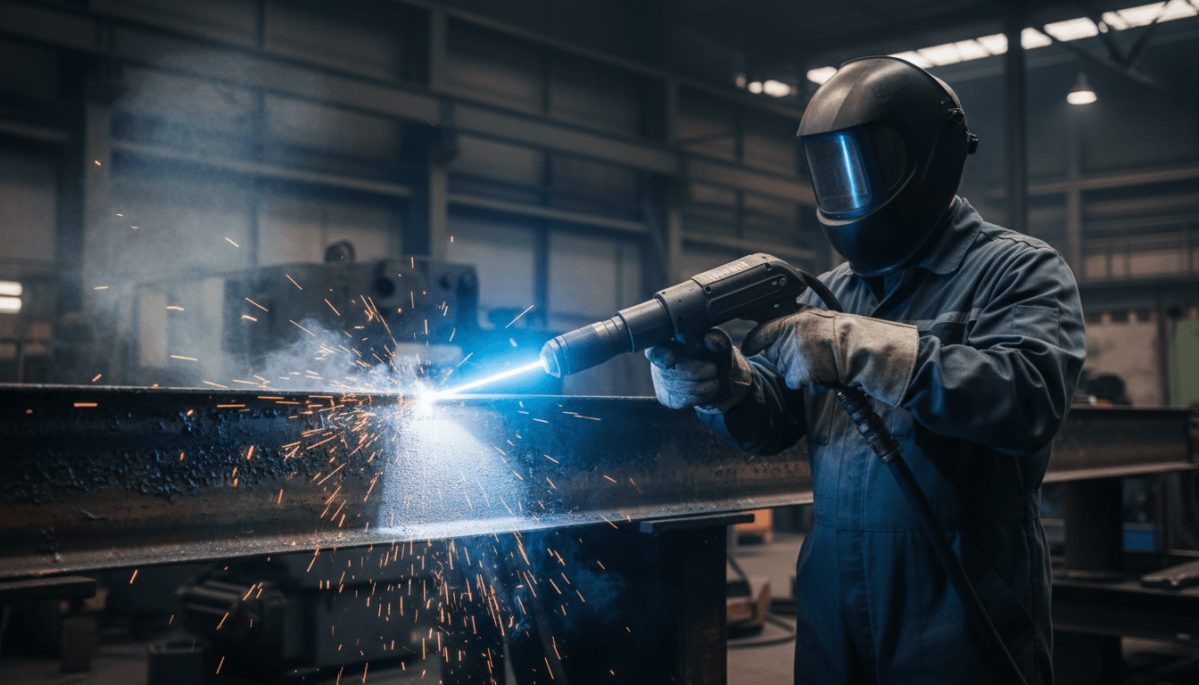 Industrial laser cleaning system removing rust from a steel surface in a workshop