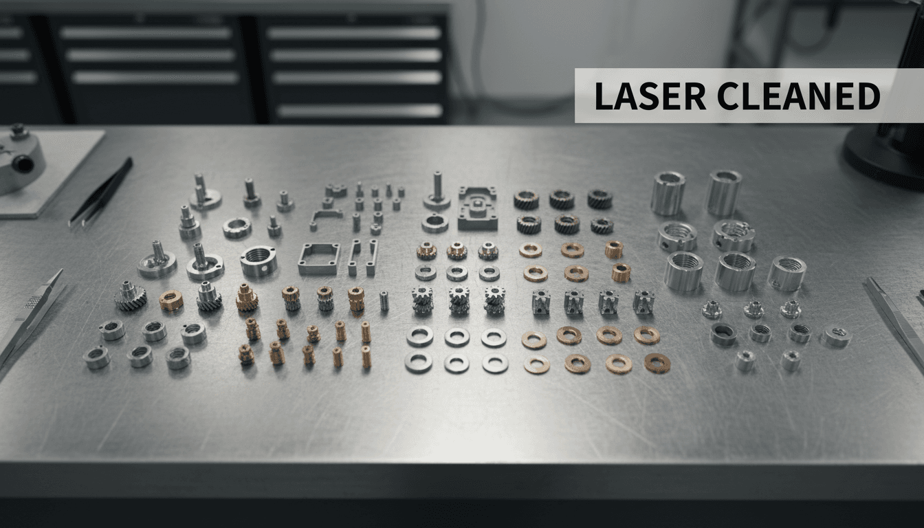 Multiple clean metal parts arranged for fluorescent penetrant inspection