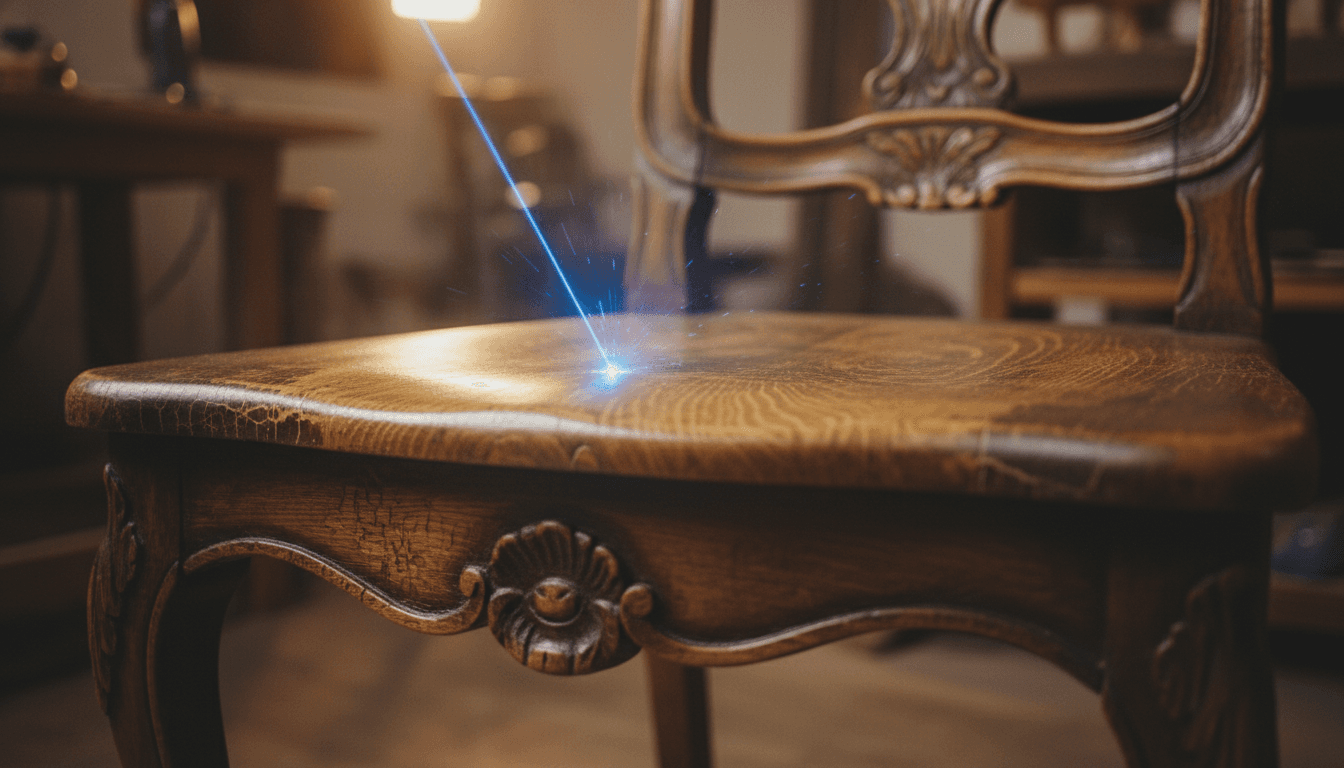 Laser removing varnish from antique wooden chair