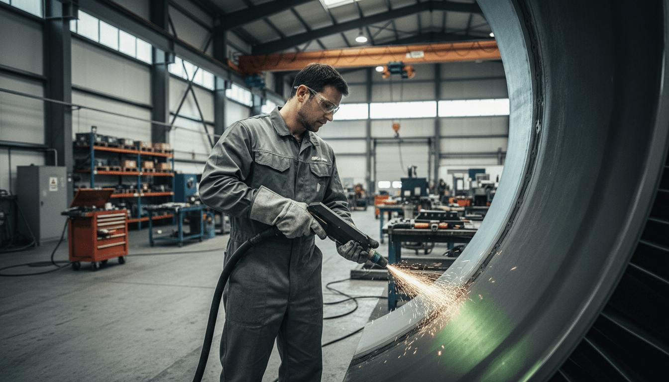 Technician operating a handheld laser cleaner on a large metal part