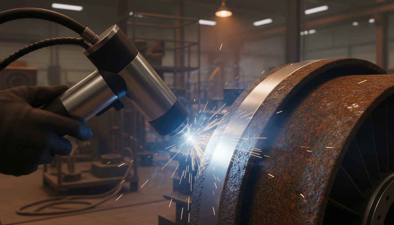 Close-up of a handheld laser cleaning head removing rust from a metal turbine blade in a dark workshop