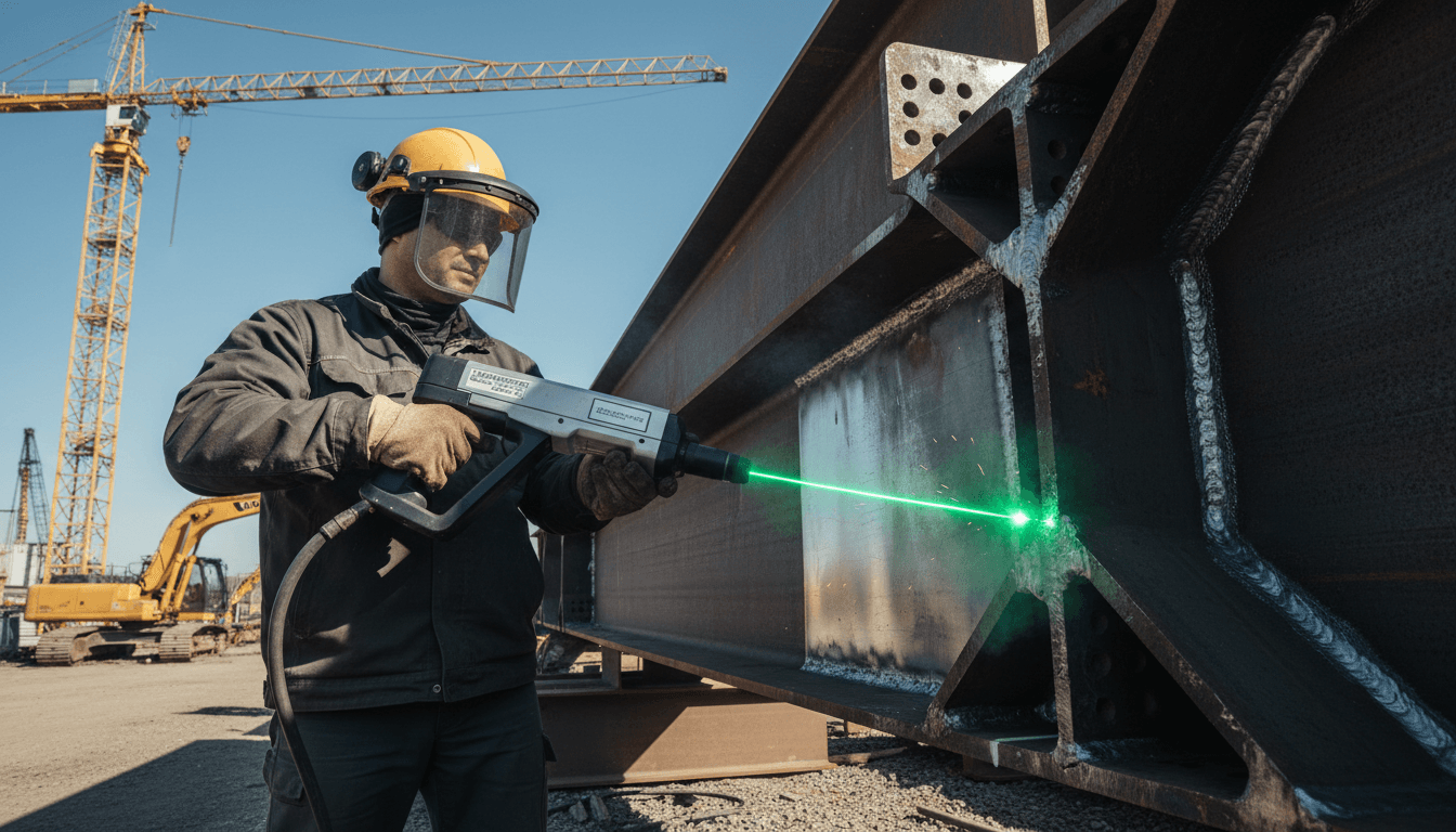 Technician using a laser to clean welds on an I-beam structure outdoors.