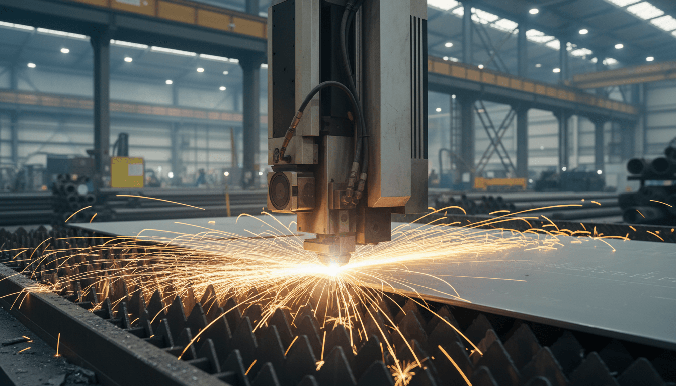 Laser cutting metal with bright sparks in an industrial workshop