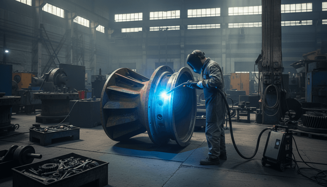 Technician using a laser cleaning system on a large metal turbine component in an industrial workshop