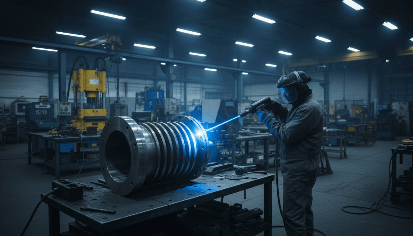 Handheld laser cleaner prepping a large part for dual penetrant testing
