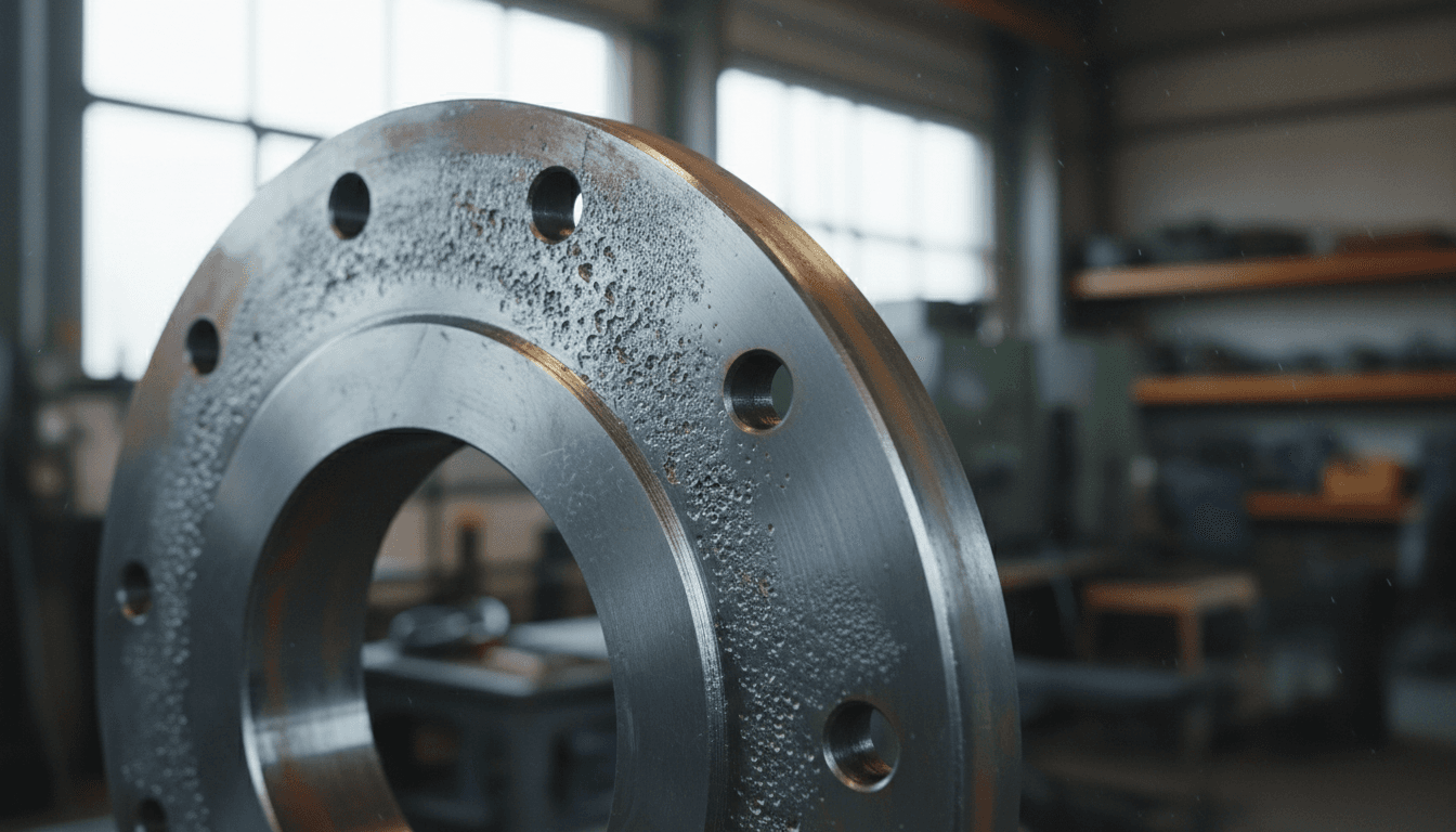 Metal flange surface prepared for dye penetrant inspection