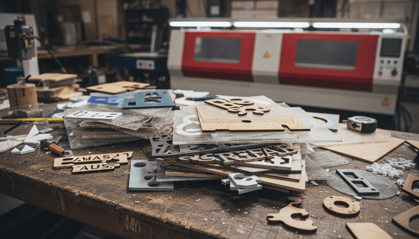 Stack of cut metal, acrylic, and wood parts on a workbench