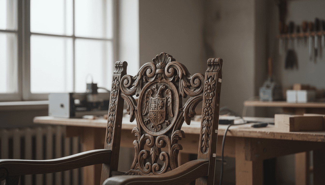 A vintage wooden chair with a laser removing the old white paint from its leg, revealing bare wood underneath