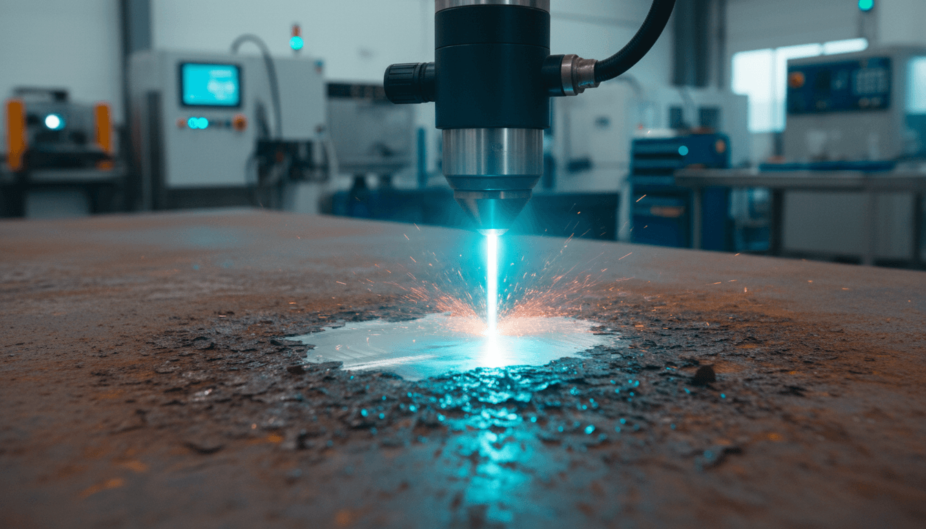 Laser beam removing rust from a metal surface in an industrial setting