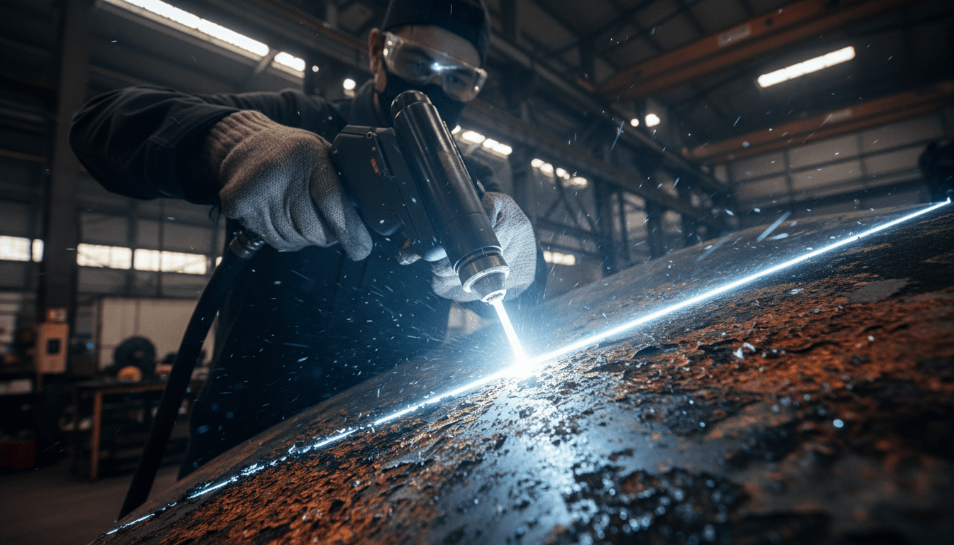 Close-up of a blue laser beam cleaning rust off a metal turbine blade in a workshop