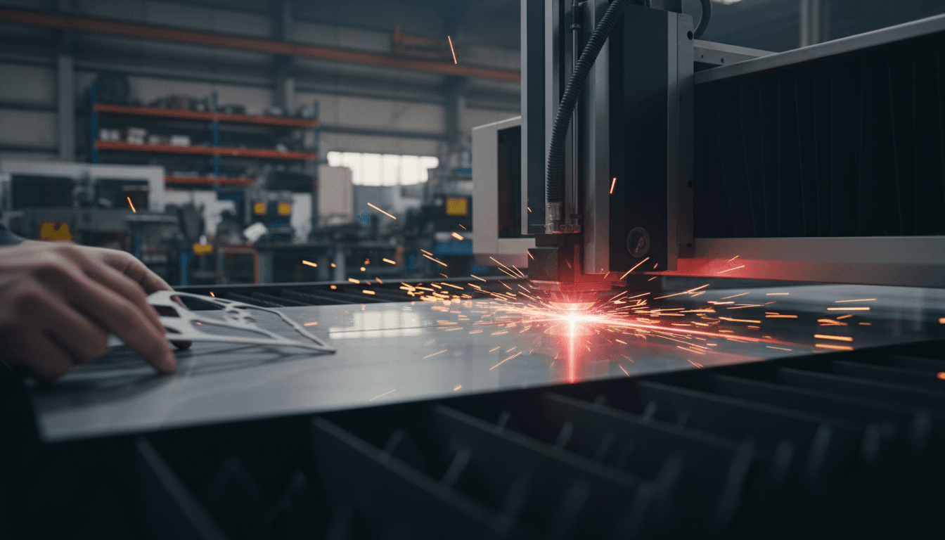 Close-up of a laser cutting machine with a bright blue beam focused on a metal surface in a workshop