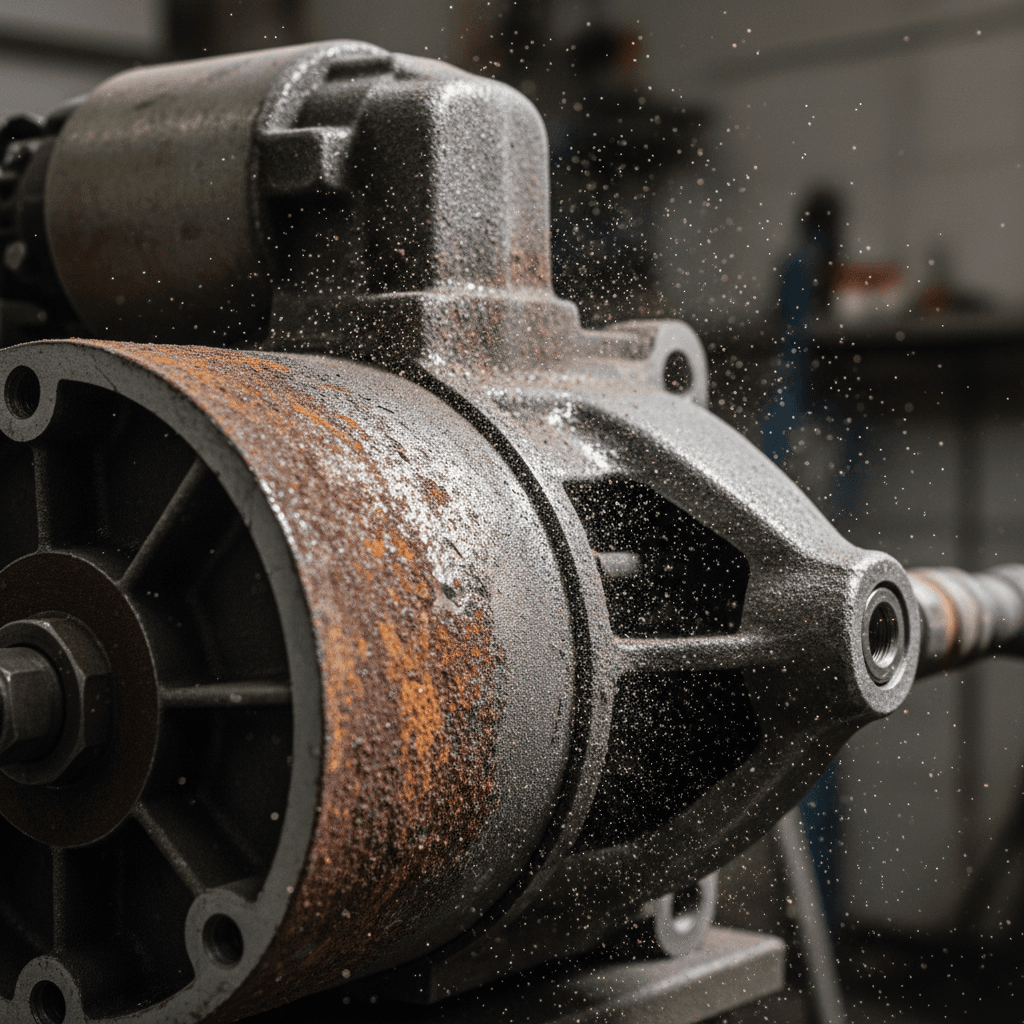 Extreme close-up of sandblasting restoration process removing corrosion from starter motor surface