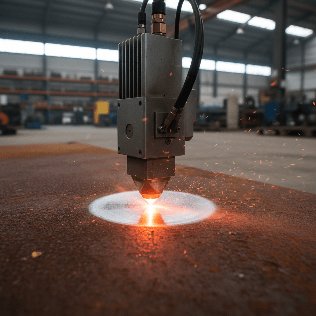 Close-up of a laser cleaning a metal turbine blade