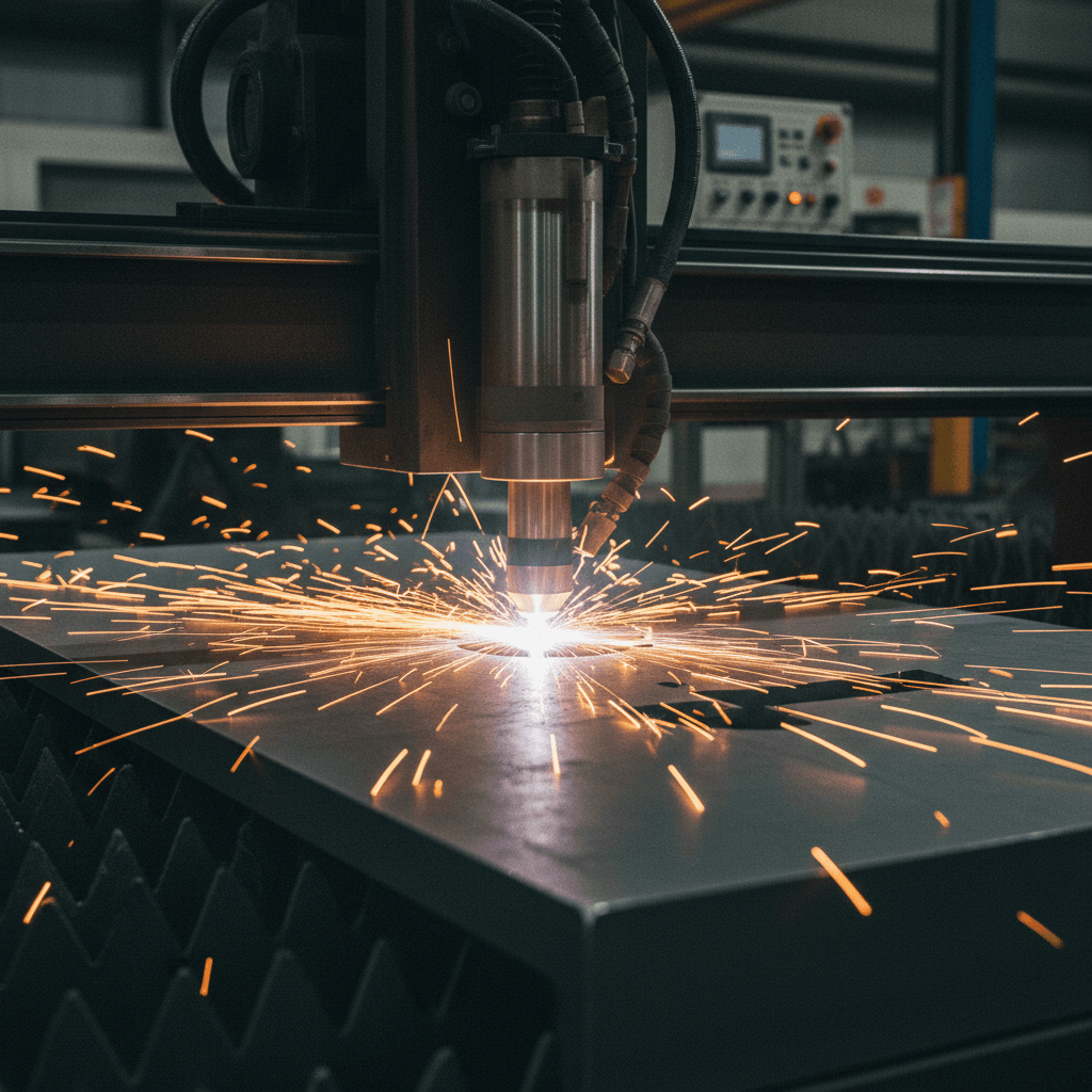 Bright orange sparks erupt from CNC plasma cutting machine precisely cutting through dark steel plate in industrial shop